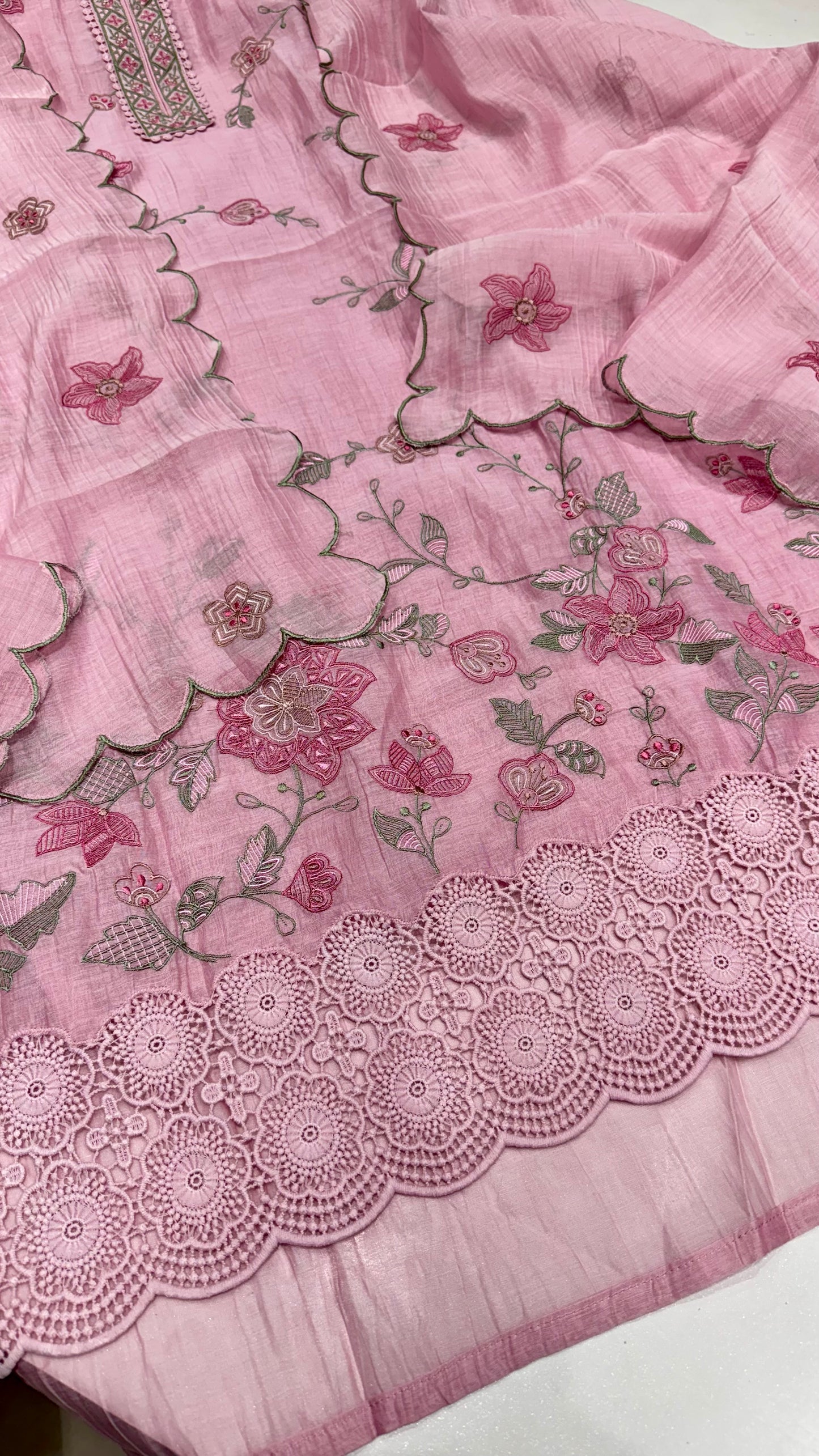 Unstitched Pure Mulmul Thread Embroidered Suit with Designer Cutwork Dupatta & Soft Silk Bottom