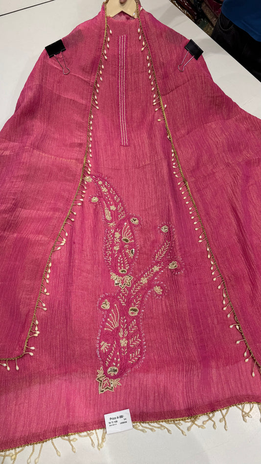 Designer Unstitched Pure Crush Tissue Suit with Hand Embroidery & Pearl Detailing