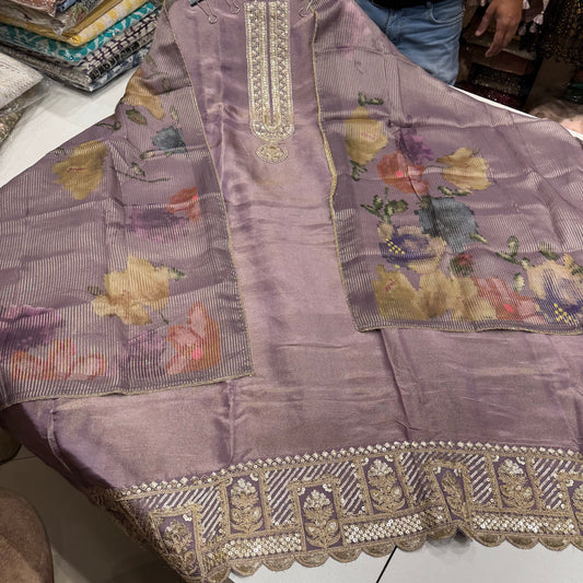 Luxury Pure Tissue Silk Suit with Sequin & Zari Embroidered Neck & Ghera | Banarasi Tissue Printed Dupatta | 2.5m Silk Bottom