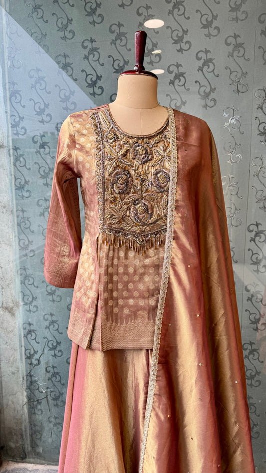 Designer KheenKhab Tissue Indo-Western Hand-Embroidered Sharara Set