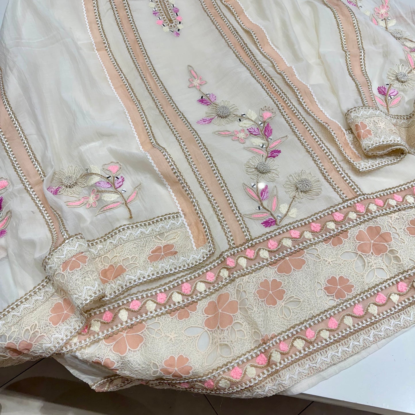 Elegant Cream Pure Mul Mul Cotton Hand Embroidered Suit Set