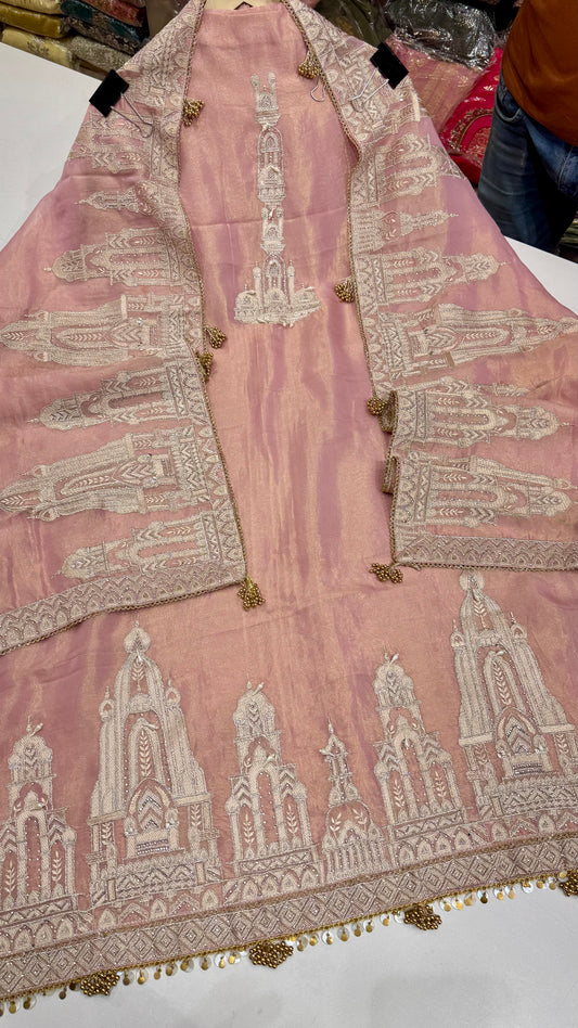 Heritage Temple Motif Unstitched Shimmer Tissue Suit Set