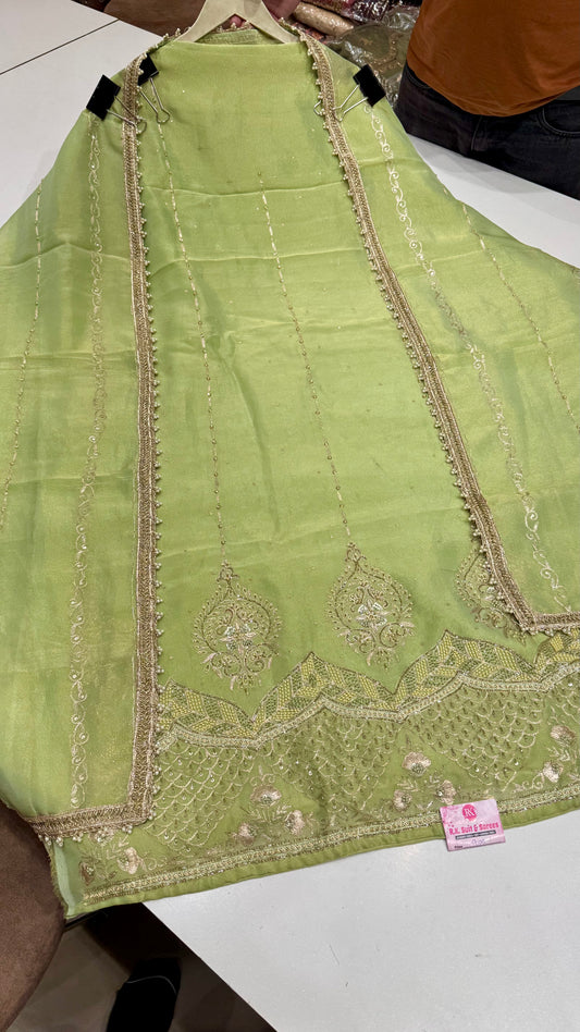 Elegant Pistachio Green Pure Tissue Hand Embroidered Unstitched Suit