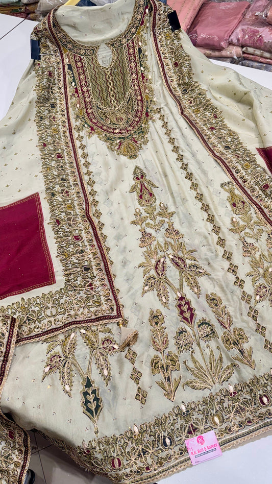 Unstitched Pure Russian Silk Sabyasachi-Inspired Embroidered Suit with Heavy Crepe Bottom
