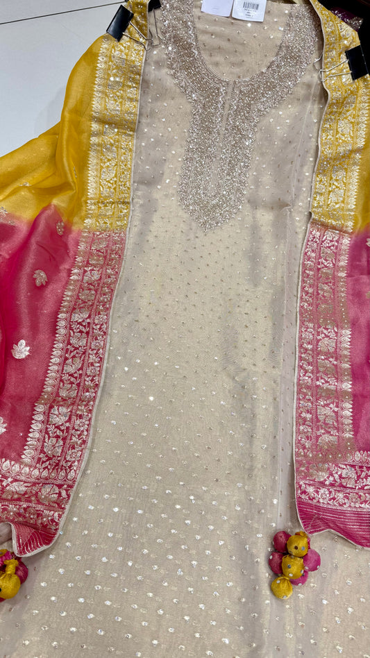 Ivory gold banarsi tissue handwork neck and banarsi tissue multicolor dupatta suit set