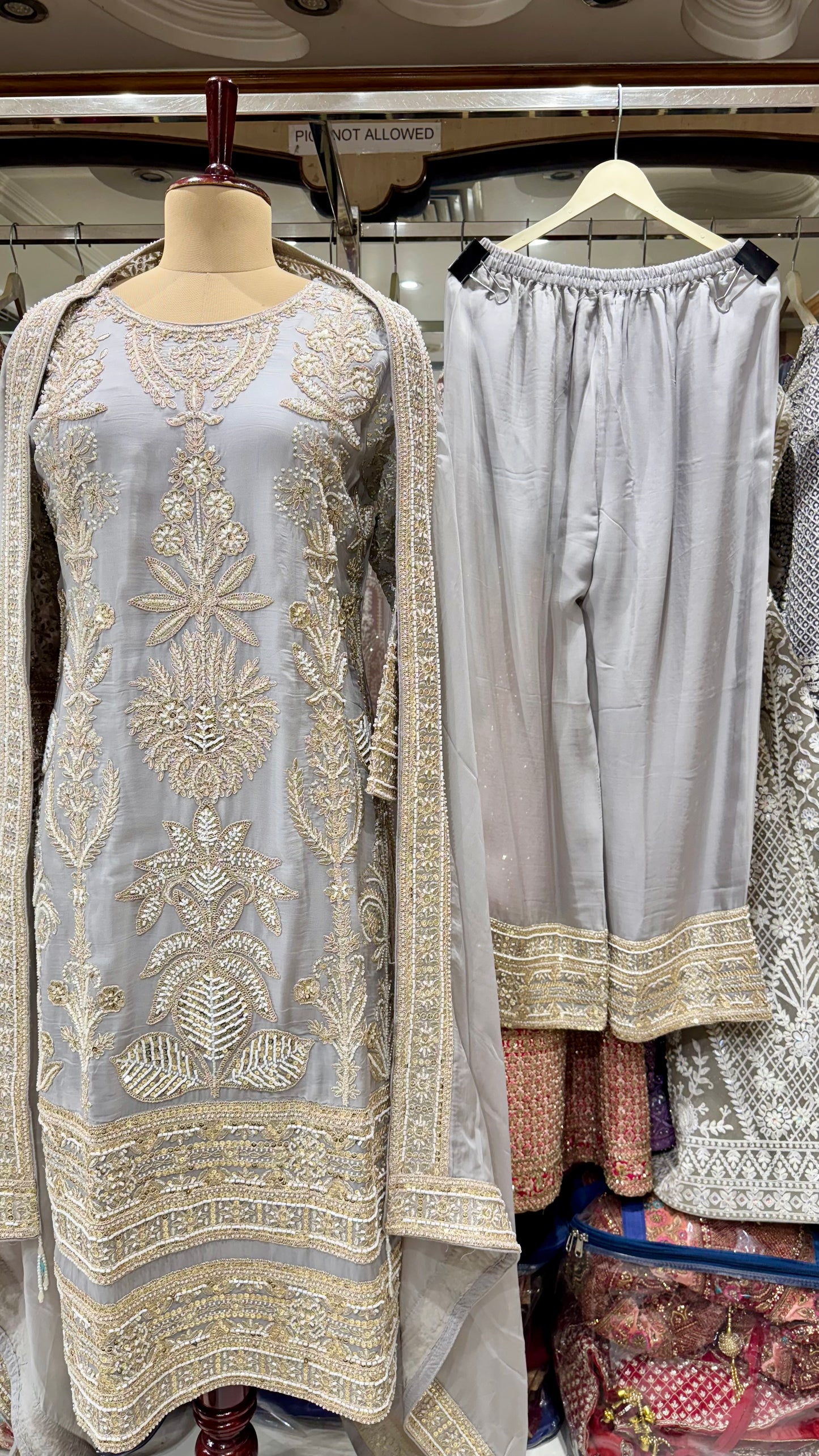 Luxury Readymade Hand Embroidered Organza Pakistani Style Long Suit Set with Embroidered Pants