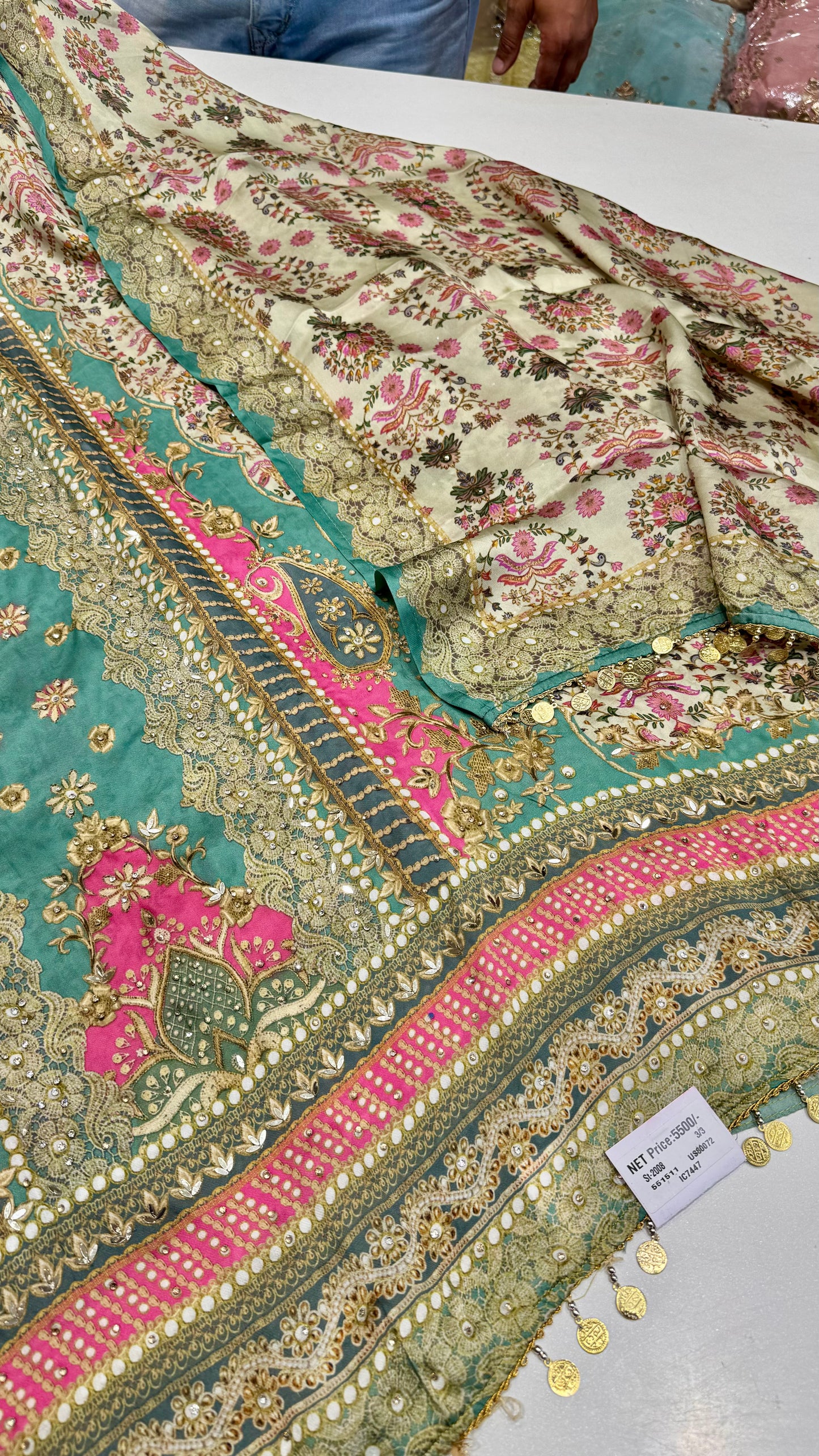 Luxury Pakistani Printed Unstitched Suit in Satin Silk with Zarkan Highlights