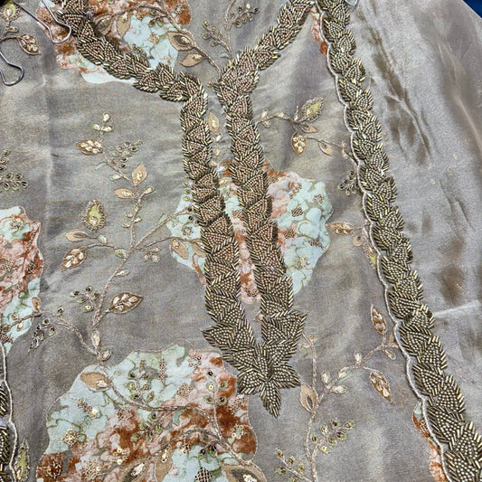 Luxury Unstitched Tissue Silk Embroidered Suit with Handwork Neck & Dual Tone Dupatta