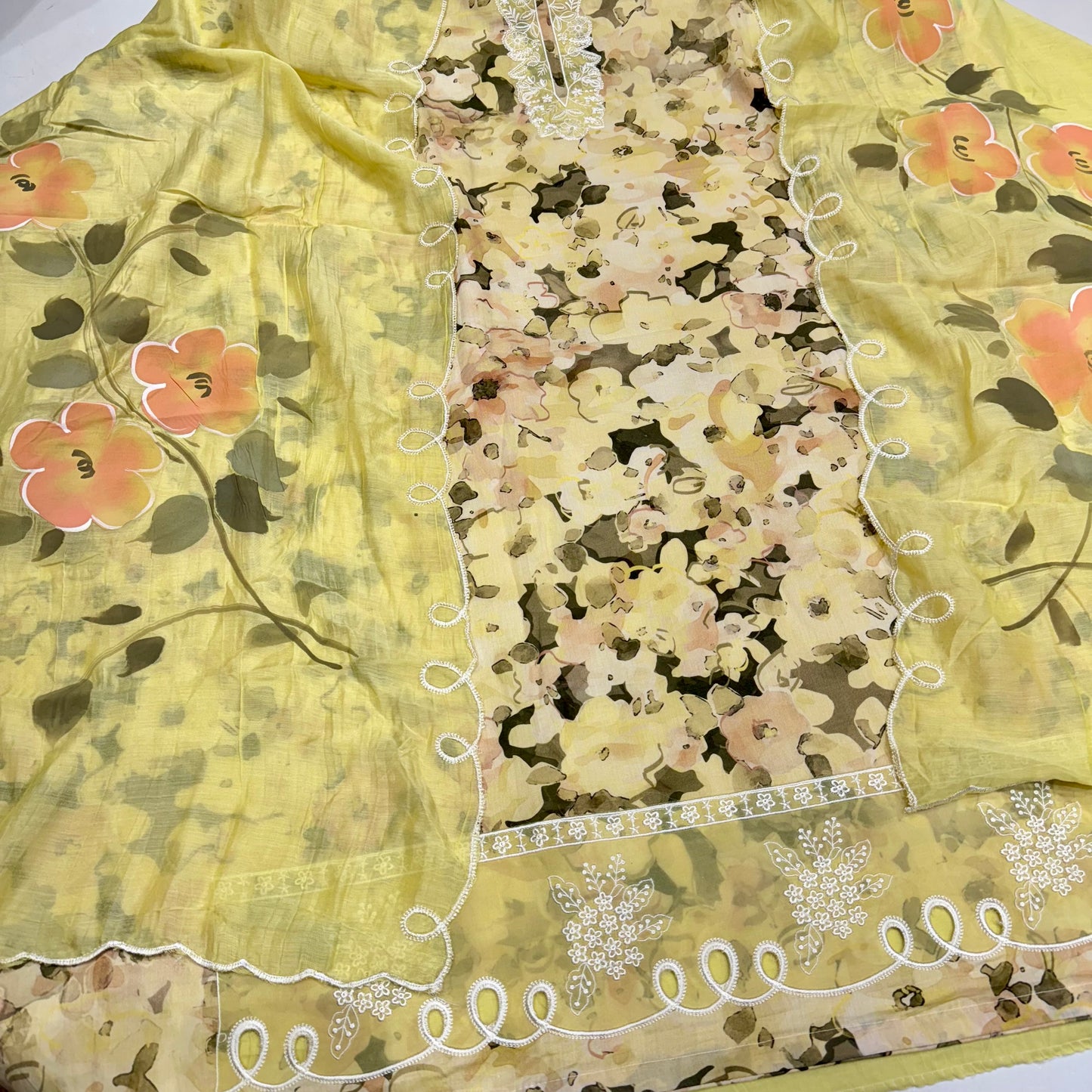 Elegant Pure Cotton Suit with Embroidered Neck & Cutwork Ghera | Hand-Painted Cotton Dupatta Set