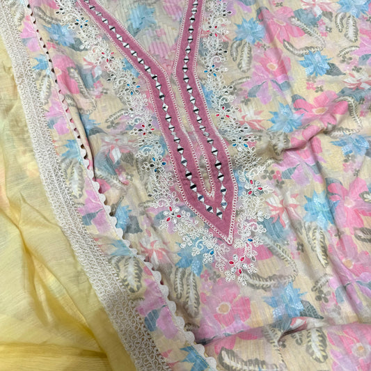 Lemon pink self weave pure cotton suit set