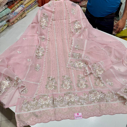 Luxury Unstitched Pure Georgette Lakhnavi Suit with Lace Embroidery & Organza Embroidered Dupatta