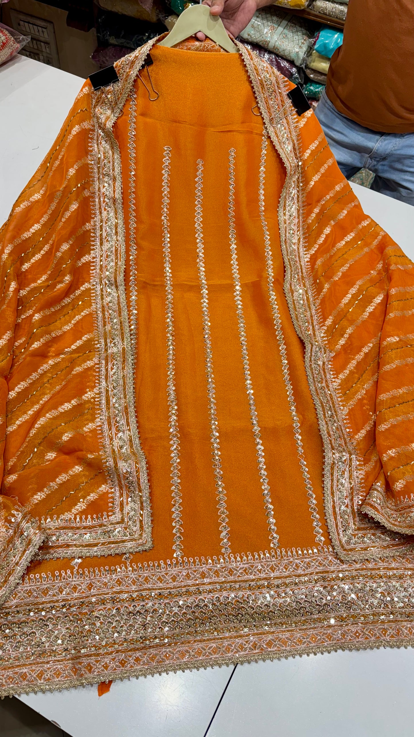 Designer Shimmer Tissue Unstitched Suit with Zardozi, Sequins & Nalki Work