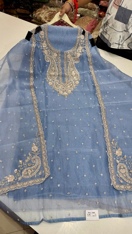 Luxury Hand-Embroidered Pure Glass Organza Unstitched Suit Set