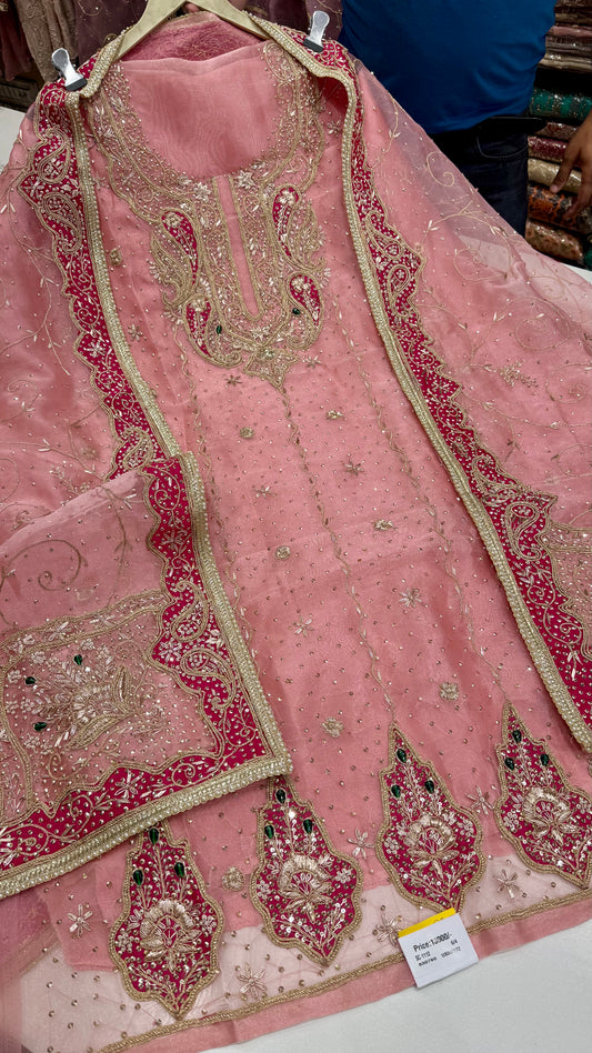 Royal Farukhabadi Hand-Embroidered Unstitched Glass Organza Suit