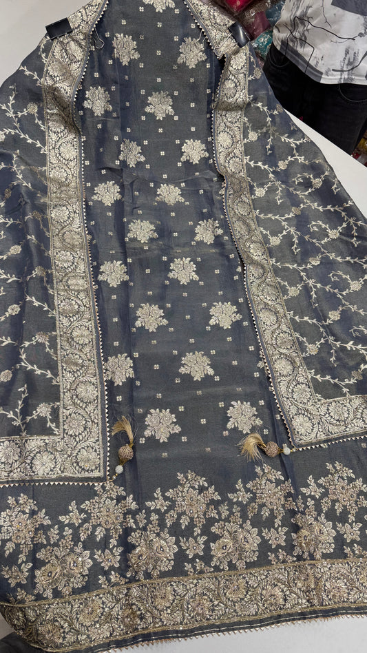 Elegant Banarasi Tissue Unstitched Suit with Dabka Embroidery