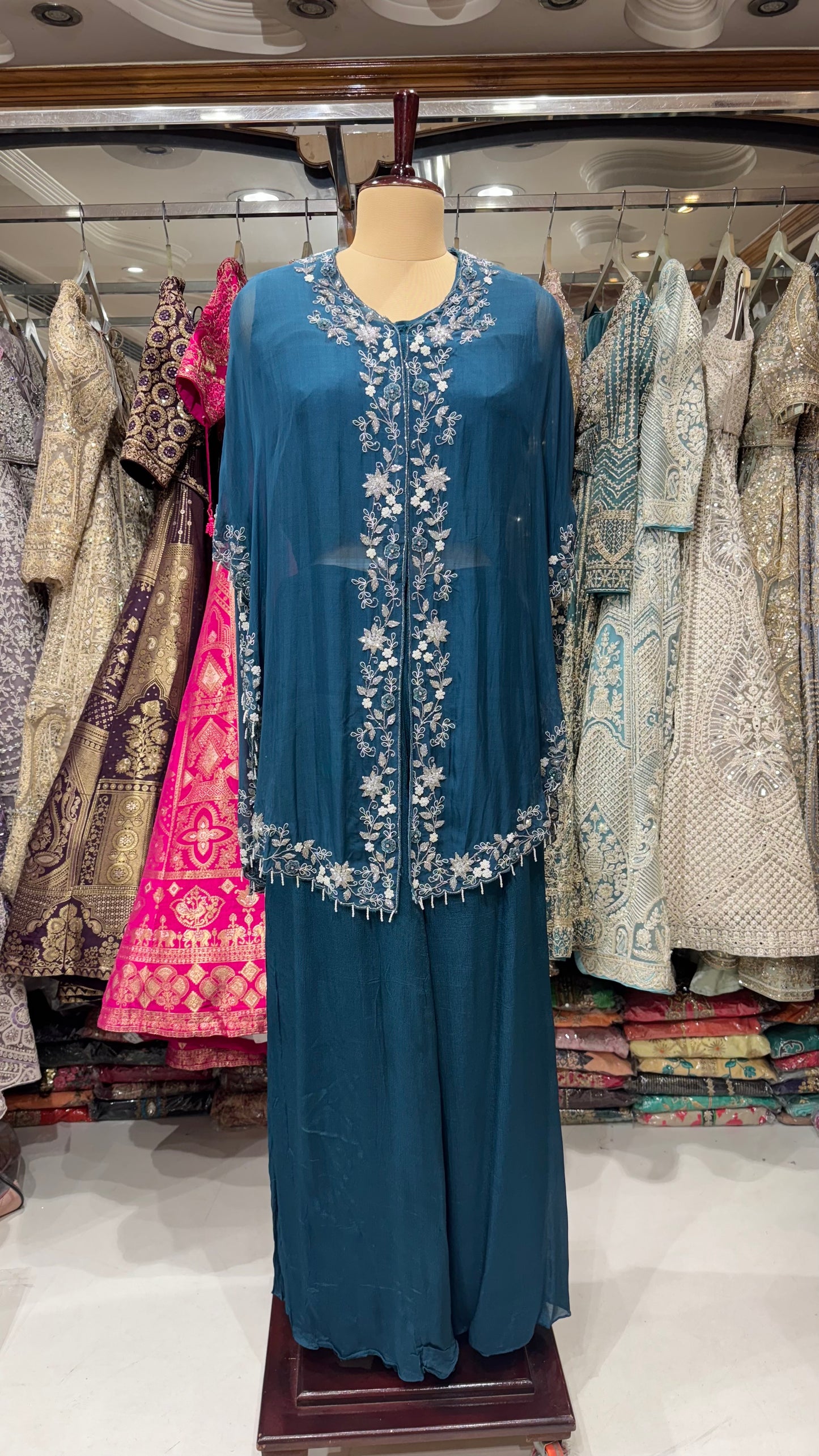Elegant 3-Piece Indo-Western Kaftan Set – Hand Embroidered Organza kaftan with Chinon Crepe Blouse & Sharara