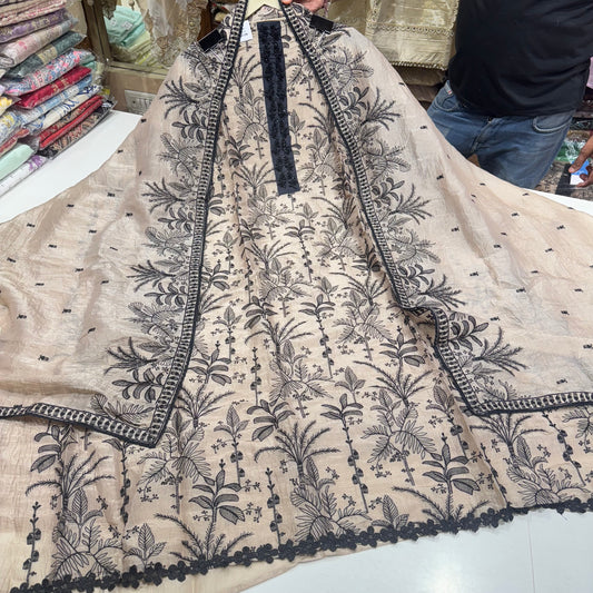 Gold Beige Papersilk black thread suit set