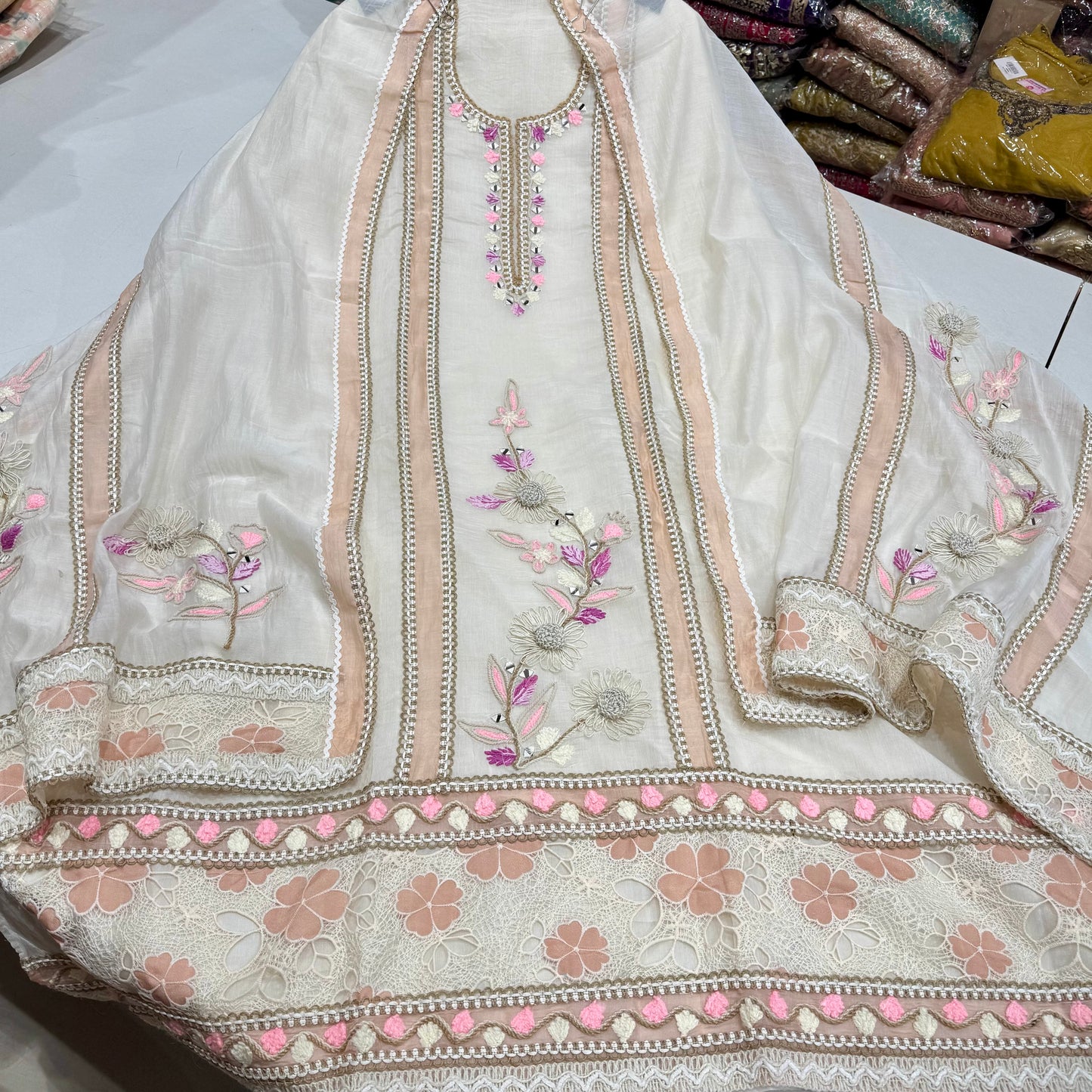 Elegant Cream Pure Mul Mul Cotton Hand Embroidered Suit Set