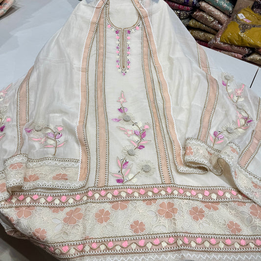 Elegant Cream Pure Mul Mul Cotton Hand Embroidered Suit Set