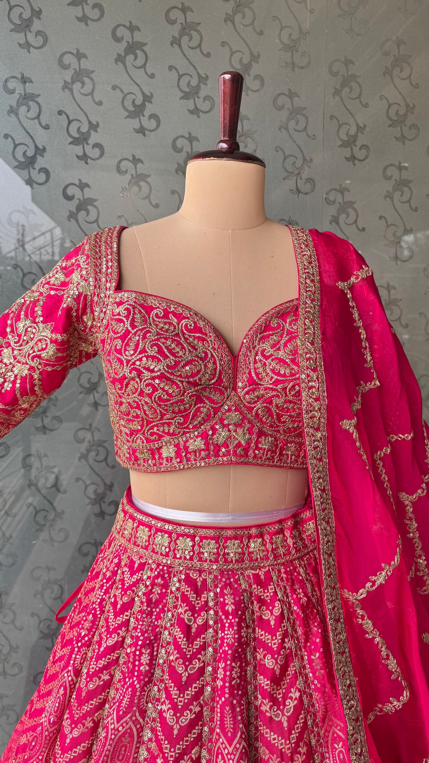 Hot Pink Heavy Embroidered Lehenga Choli Set with Zari Dupatta