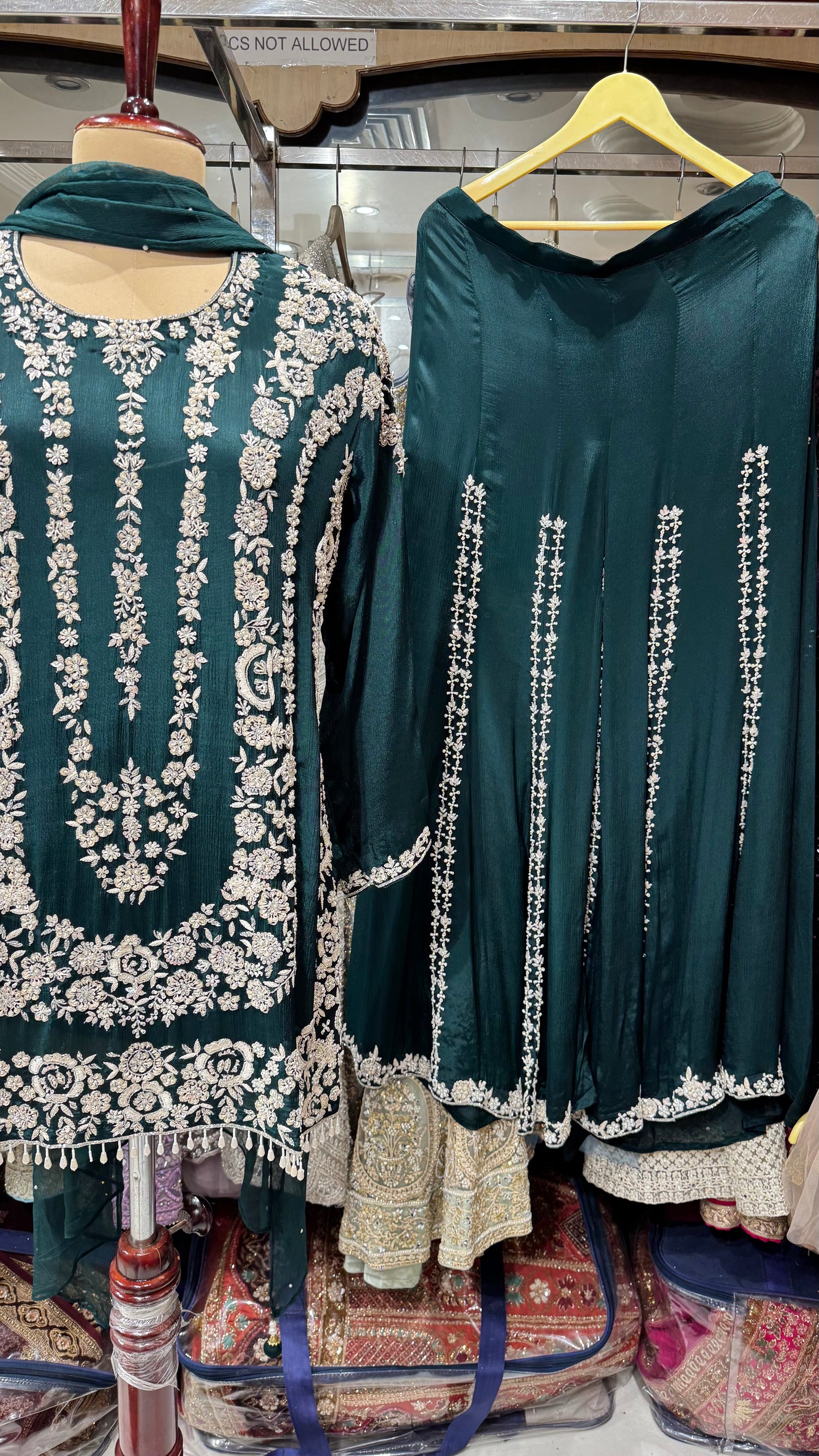 Embroidered Chinon Sharara Suit Set with Pearl Detailing – Available in Peach, Bottle Green & Navy Blue