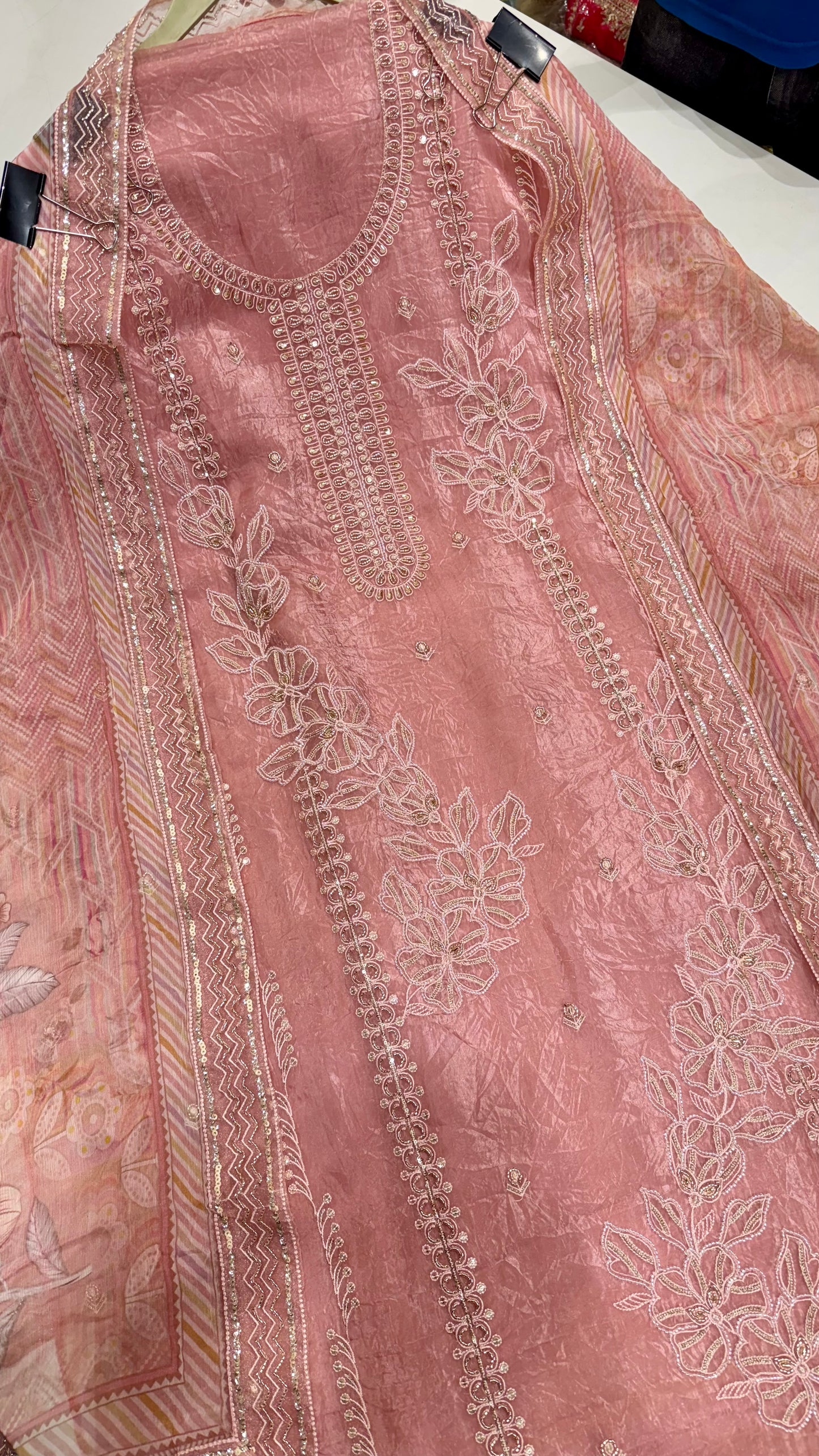 Elegant Pure Paper Silk Hand-Embroidered Unstitched Suit with Chiffon Printed Dupatta