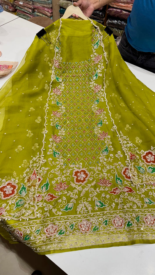 Olive Green Pure Organza Unstitched Suit with Multicolor Zardozi Hand Embroidery
