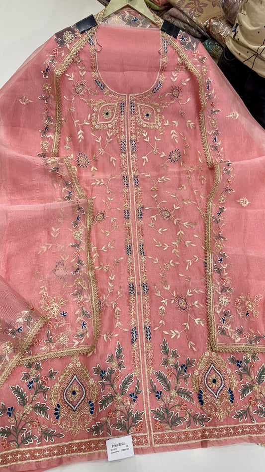 Unstitched Pure Crush Organza Zardozi Hand Embroidered Suit with Dupatta