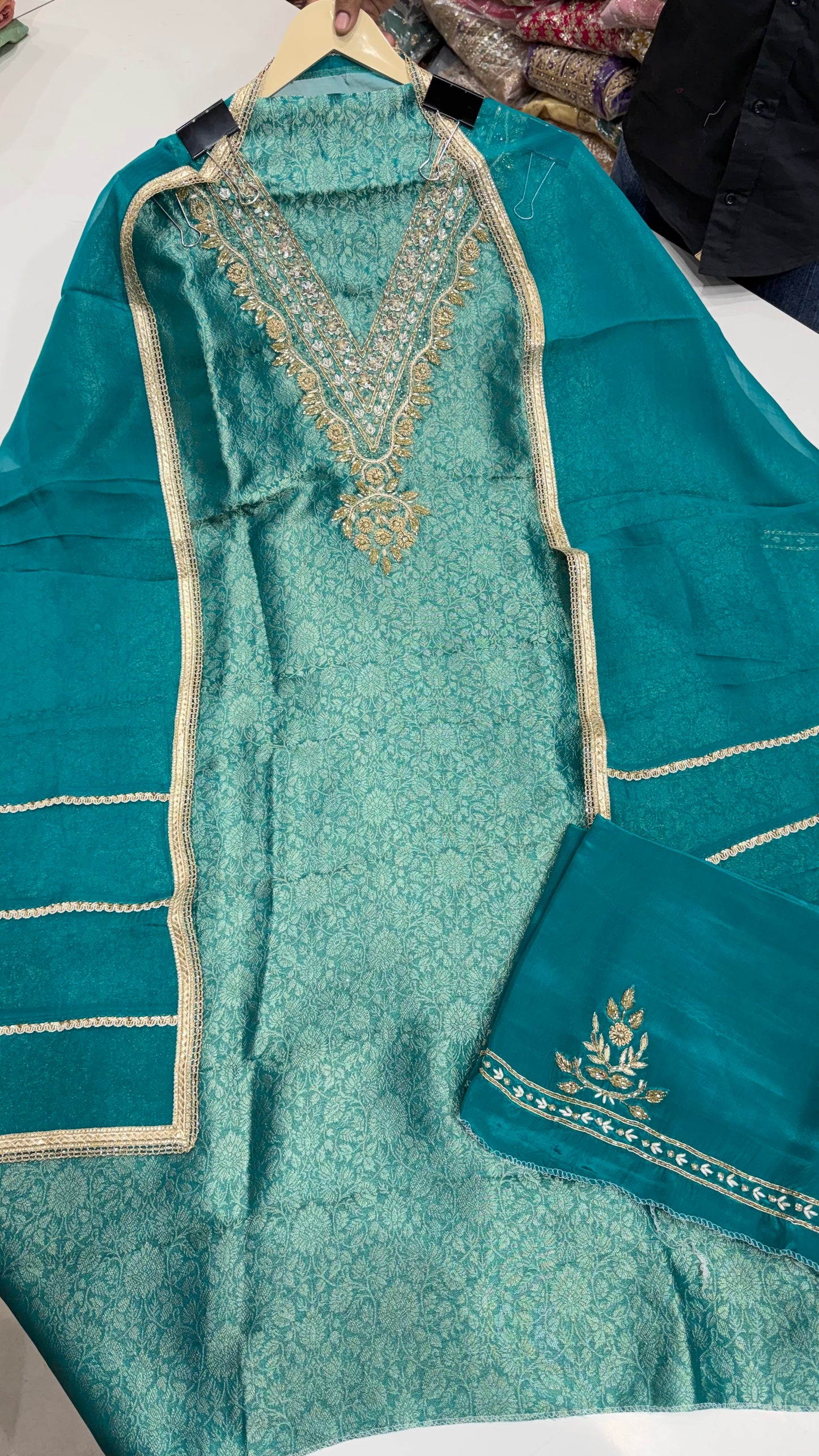 Designer Pure Brocket Silk Unstitched Suit with Zardozi Handwork & Organza Dupatta