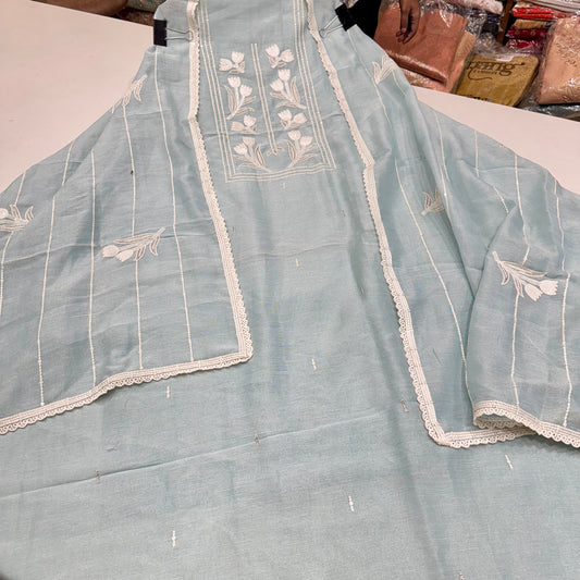 Trendy Pure Tissue Thread, Sequence & Zari Embroidered Suit with Embroidered Tissue Dupatta & Cotton Bottom