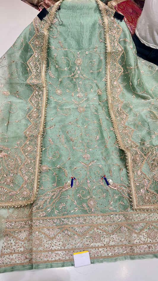 Royal Farukhabadi Hand-Embroidered Unstitched Glass Organza Suit