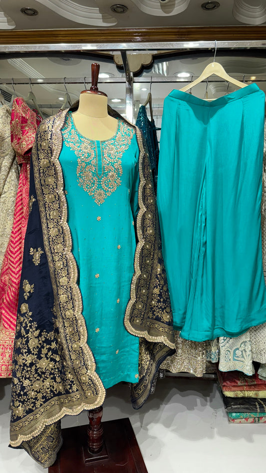 Designer Pure Crepe Hand-Embroidered Gota Patti Suit with Banarasi Border Dupatta & Sharara