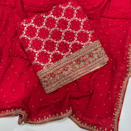 Banarsi Silk Handwork Suit set with Chinon dupatta