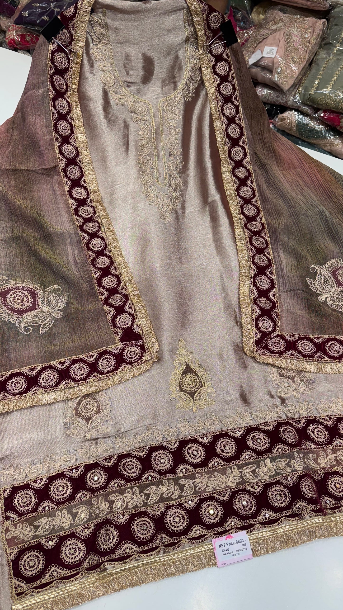 Designer Shimmer tissue welvet embroidery suit