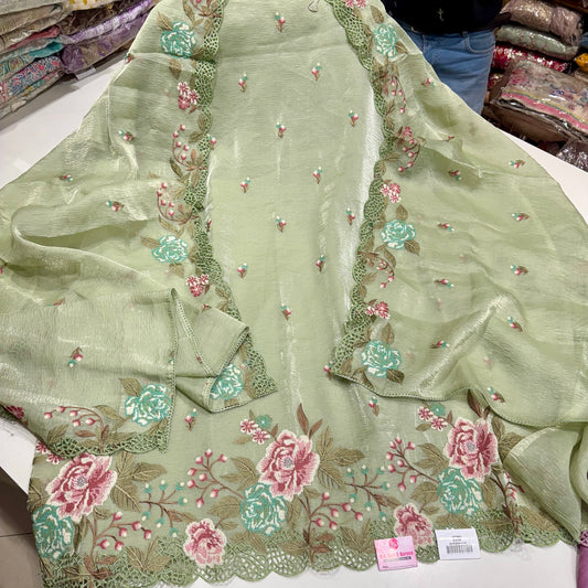 Crush Organza Parsi Work Suit with Four-Side Border Dupatta and Silk Bottom