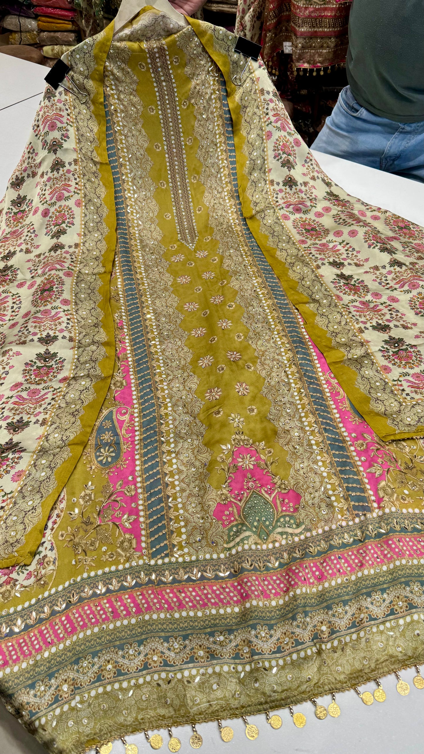 Luxury Pakistani Printed Unstitched Suit in Satin Silk with Zarkan Highlights