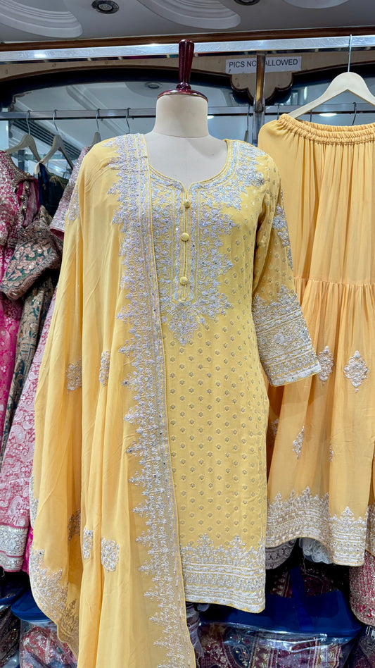 Graceful Pure Mysore Georgette Zari & Sequin Embroidered Readymade Gharara Suit – Free Size (Up to 44” Bust)