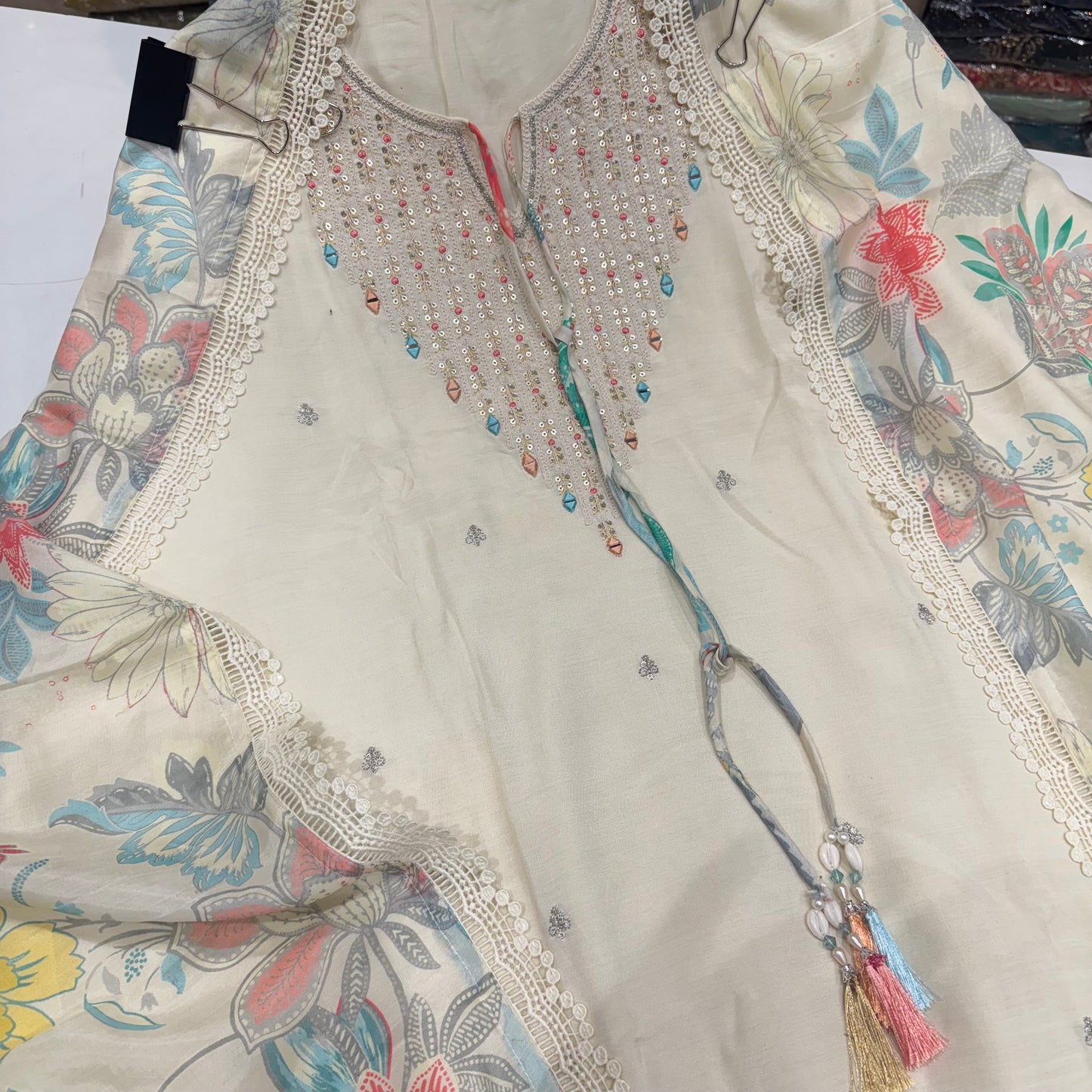 Elegant Cream Floral Embroidered Muslin Suit with Muslin Dupatta