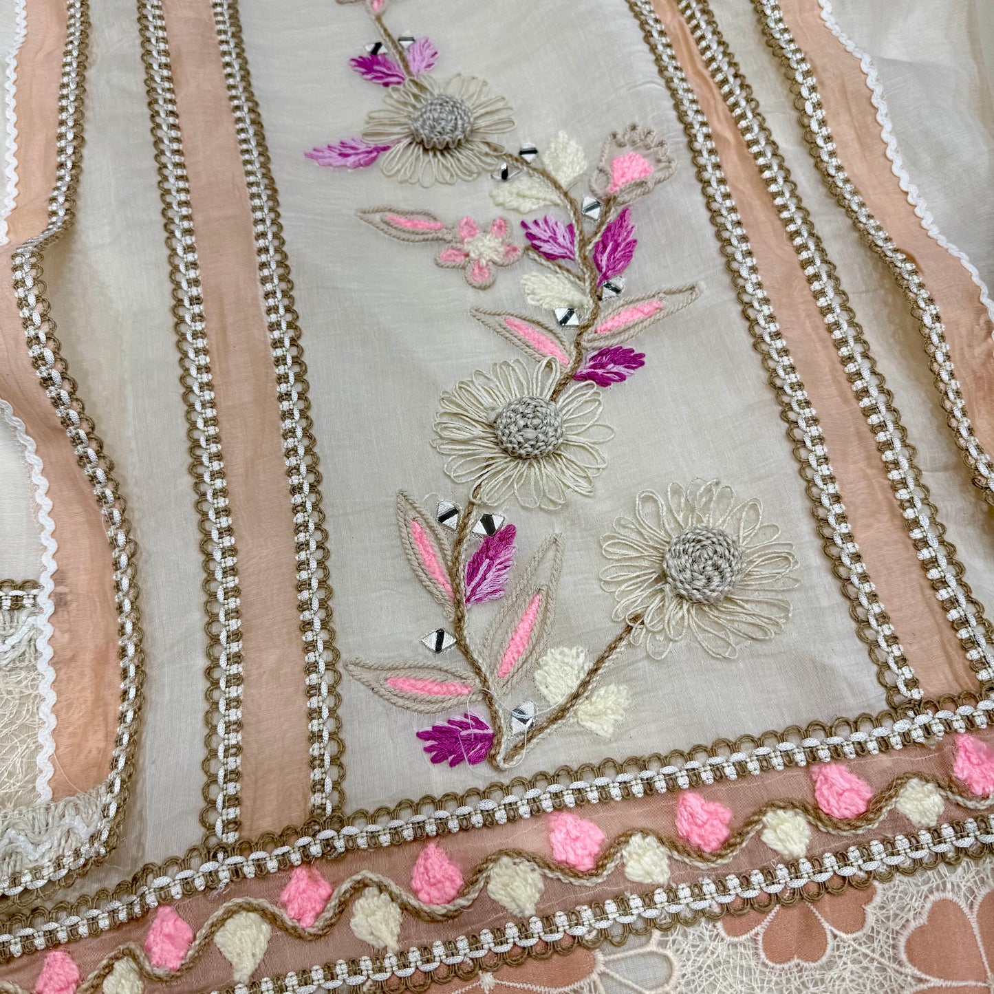 Elegant Cream Pure Mul Mul Cotton Hand Embroidered Suit Set