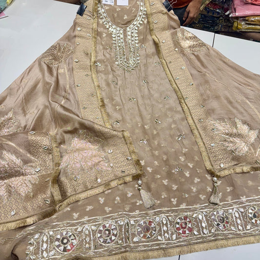 Elegant Banarsi Crepe Straight Unstitched Suit with Banarasi Dupatta & Gota Patti Work