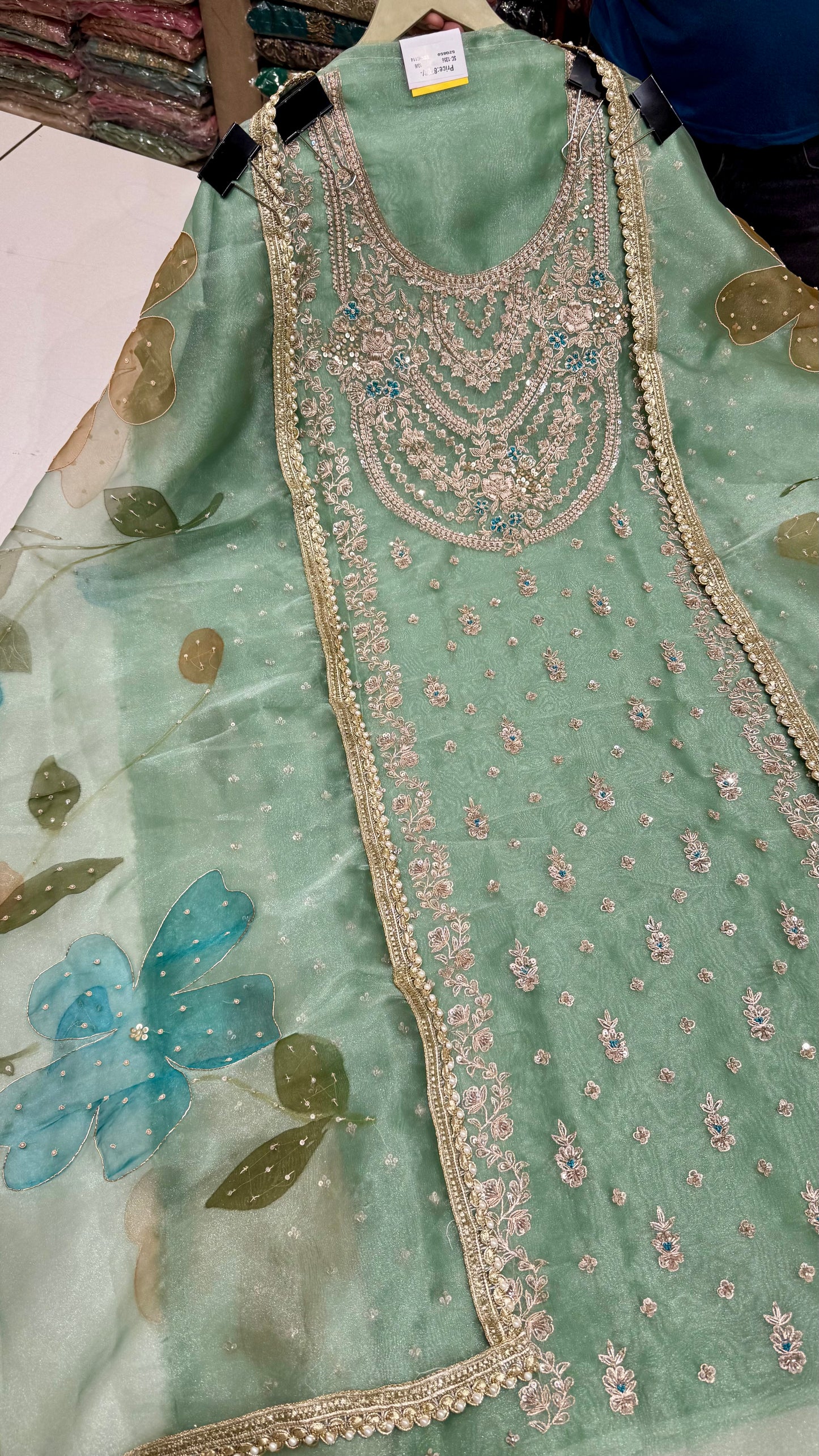 Glass Organza Unstitched Suit with Heavy Zardozi Hand Embroidery