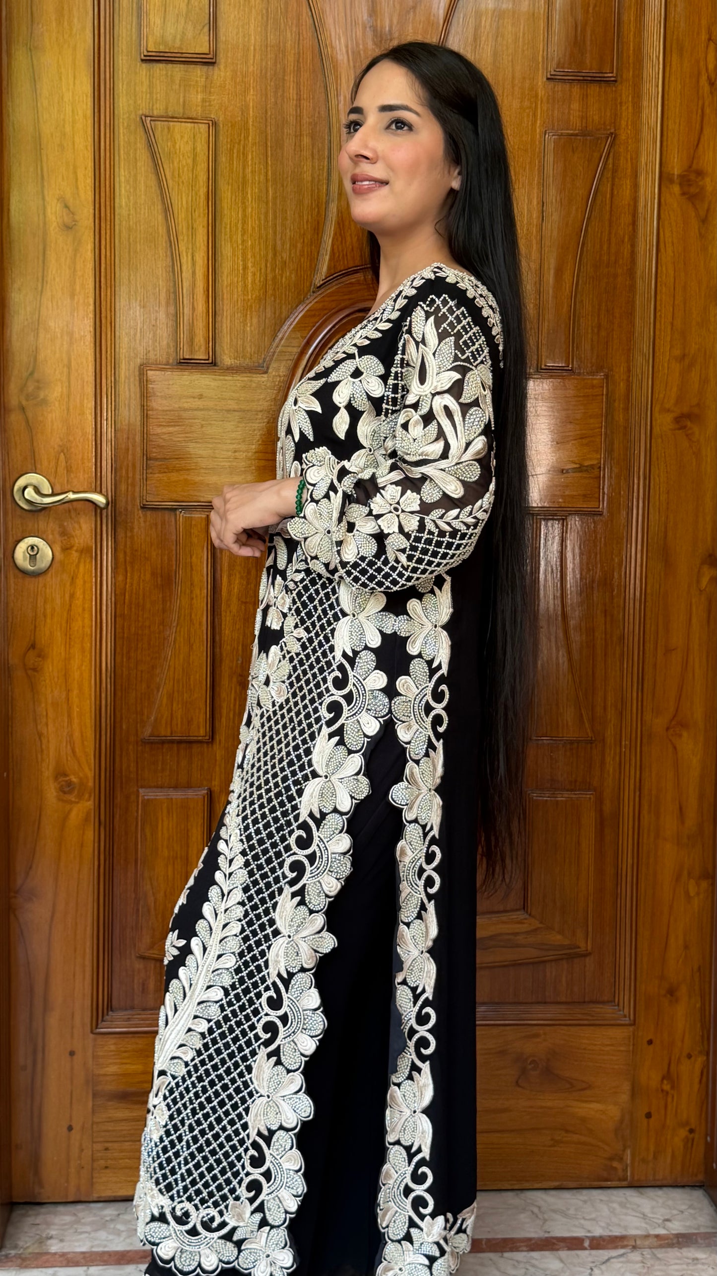 Long Pakistani Georgette Pants Suit with Hand Beads Work