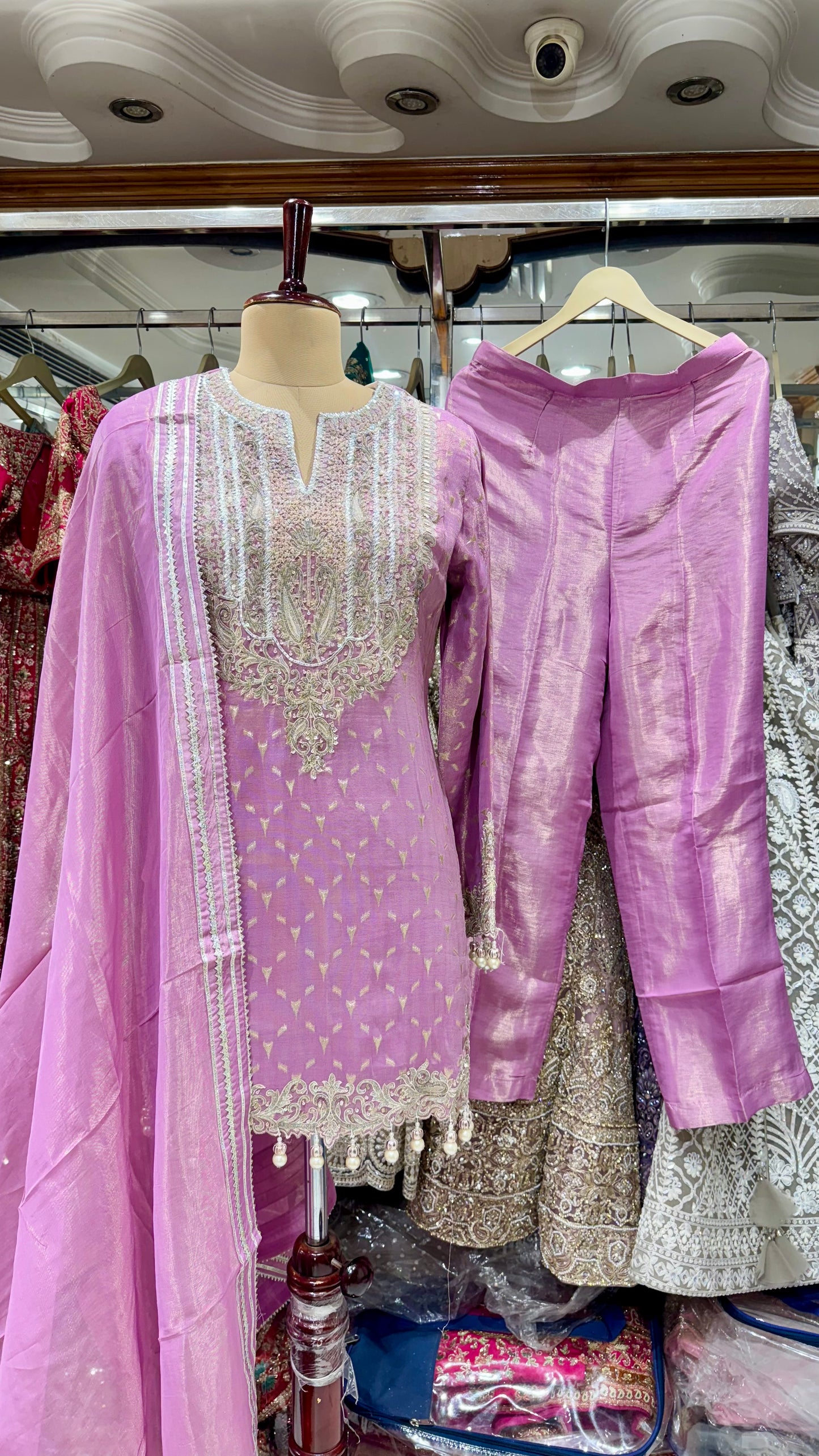 Embroidered Tissue Silk Pant Suit with Pearl Detailing – Available in Mustard & Rust