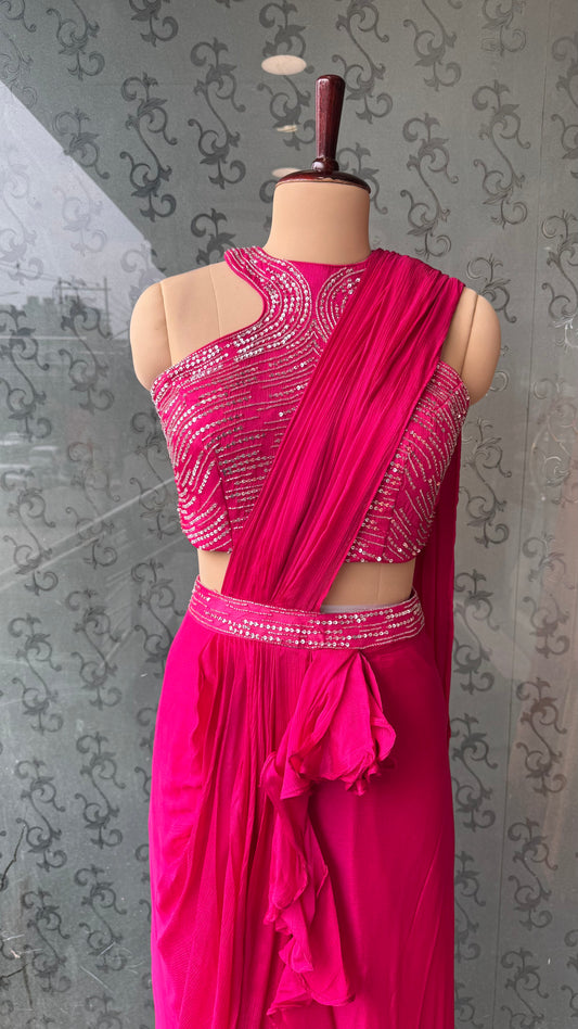 Designer Indo-Western Pre-Draped Saree in Pure Chinon Crepe with Hand-Embroidered Blouse