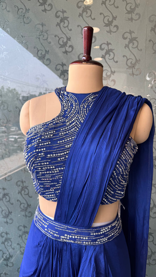 Designer Indo-Western Pre-Draped Saree in Pure Chinon Crepe with Hand-Embroidered Blouse