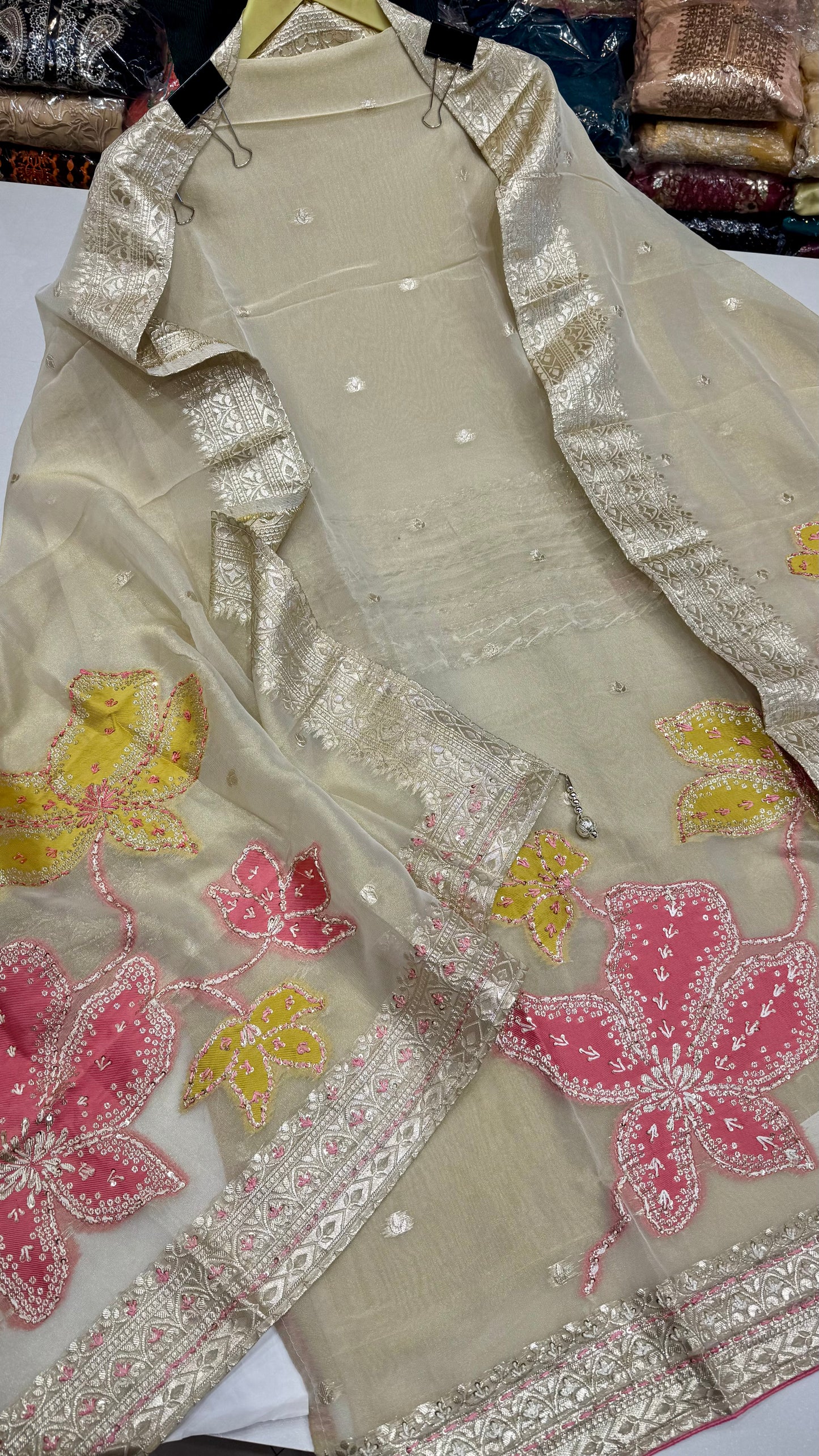 Elegant Banarasi Tissue Hand Embroidered Unstitched Suit with Kantha Work