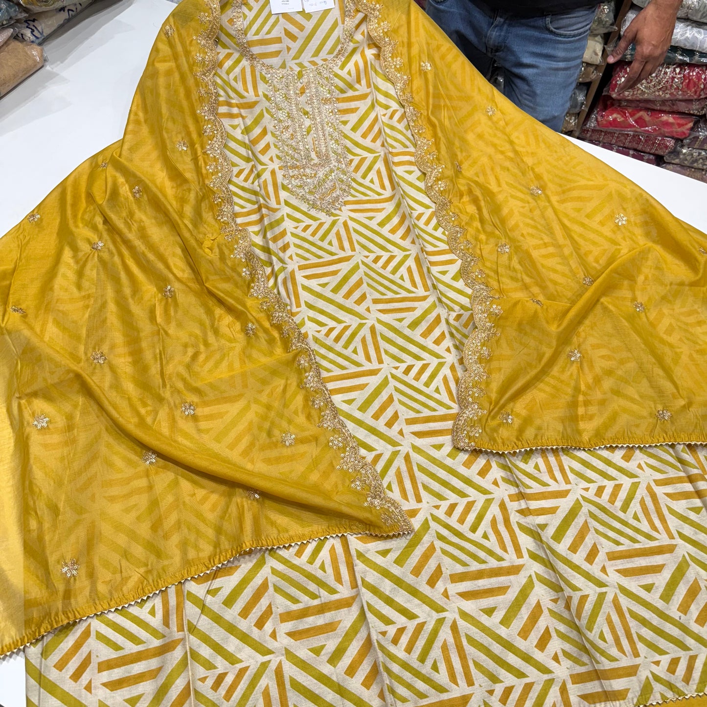 Elegant Geometric Print Modal Cotton Unstitched Suit Set with Embroidered Dupatta – Multiple Color Options ( base color is beige)