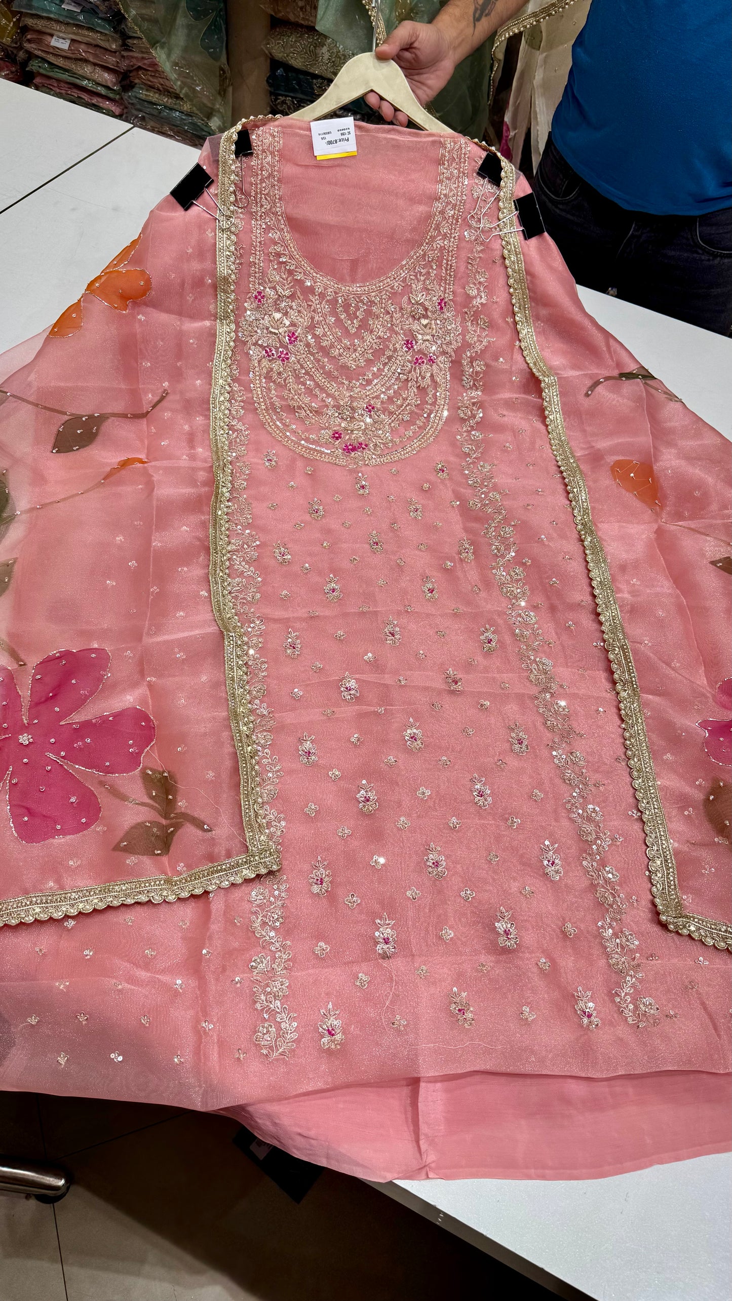 Glass Organza Unstitched Suit with Heavy Zardozi Hand Embroidery