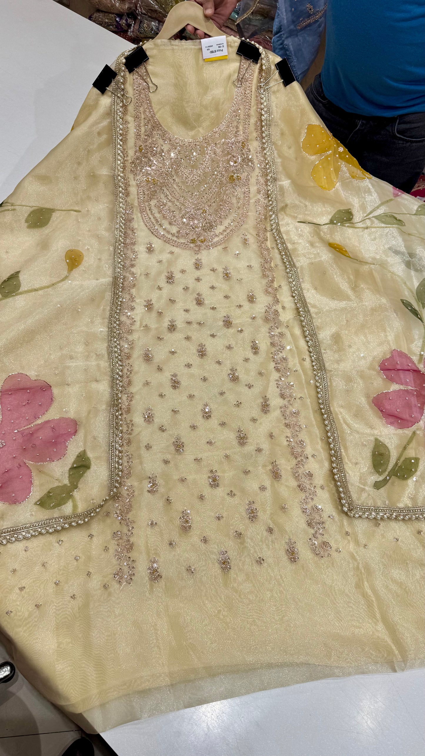 Glass Organza Unstitched Suit with Heavy Zardozi Hand Embroidery