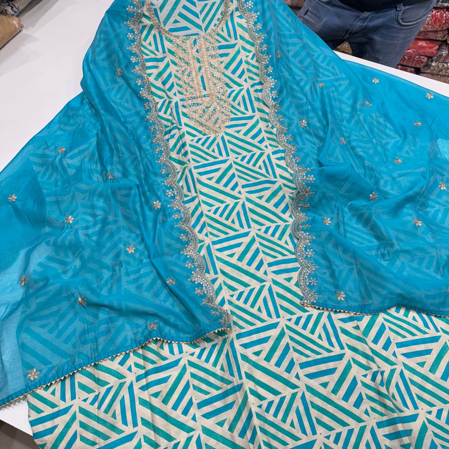 Elegant Geometric Print Modal Cotton Unstitched Suit Set with Embroidered Dupatta – Multiple Color Options ( base color is beige)